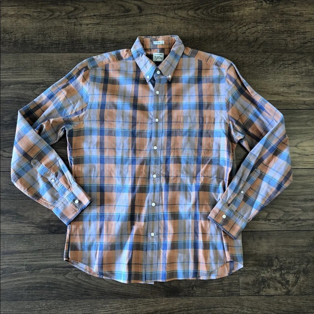 J Crew Mens Button Up Shirt Size L Slim Orange Blue Purple Long Sleeve